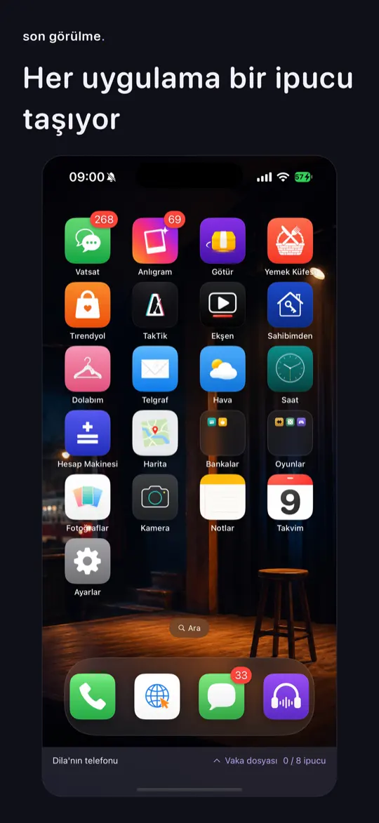 Kurgu telefonun ana ekranı ve parodi uygulamalar.
