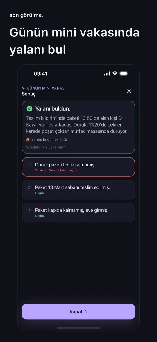 Günün mini vakasının sonuç ekranı.